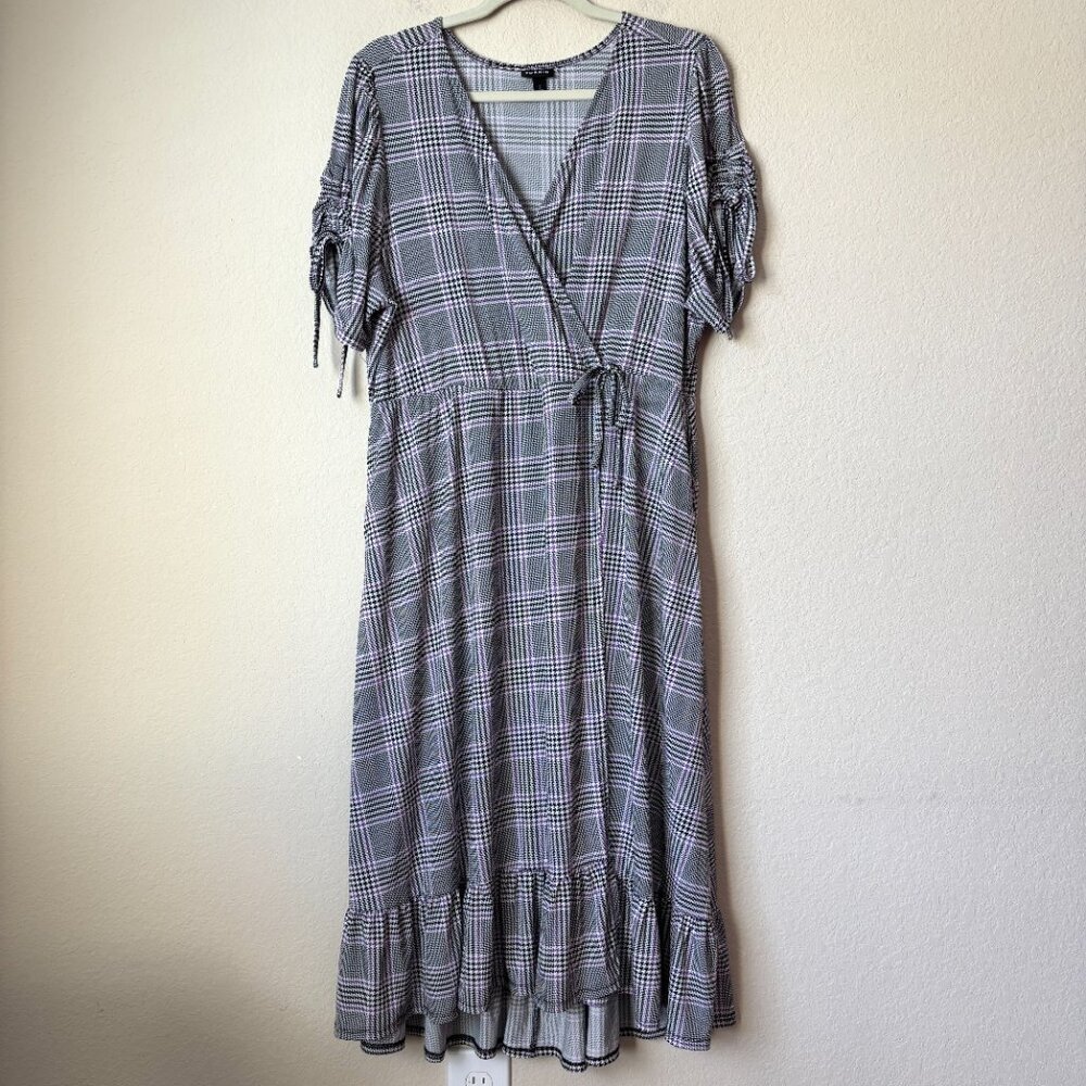 Torrid 2X Houndstooth A-line Midi Stretch Ruffle Hem Wrap Dress
